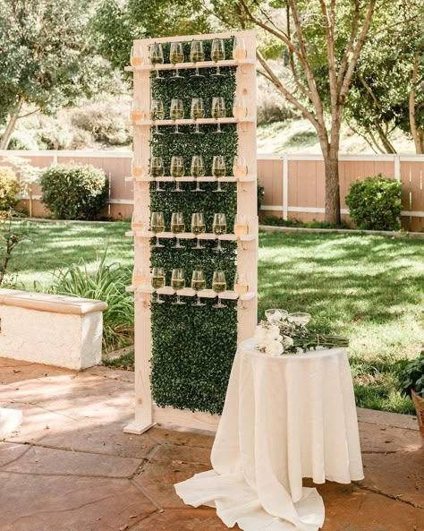 Wedding Champagne Wall - Planning a backyard wedding? Don't miss this advice and inspiration for planning an outdoor wedding in your backyard. Expert wedding planning advice and ideas from The Garter Girl. #gartergirl #thegartergirl #gartergirlloves #weddingplanning #backyardwedding #outdoorwedding Champagne Wall Diy, Diy Champagne Wall, Champagne Wall, Rustic Wine Racks, Bridal Garters, Champagne Bar, Elegant Country, Heirloom Wedding, Wall Diy