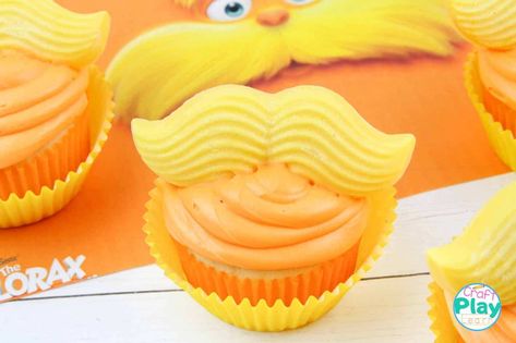 Dr Seuss The Lorax Cupcakes Recipe - Craft Play Learn Lorax Cupcakes, Dr Seuss Cupcakes, Seuss Cupcakes, Mustache Cupcakes, Lorax Birthday, Lorax Party, Cupcake Crafts, Dr Seuss Birthday Party, Day Earth