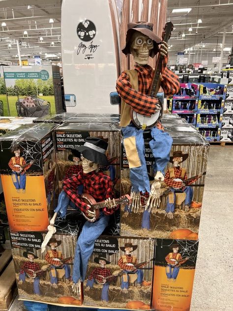 Thanksgiving 12ft Skeleton, Cowboy Skeleton Halloween, Hilarious Skeleton Decorations, Skeleton Playing Banjo, Dueling Banjos, Skeleton Memes Hilarious, Red Flannel, Common Themes, Halloween Items