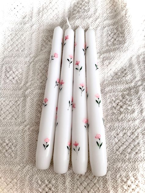 Painted Candlesticks, Tapered Candle, Dinner Candle, Candle Stick Holders, Hand Painted Candles, Floral Candle, Ditsy Print, Painted Candles, Selling Candles