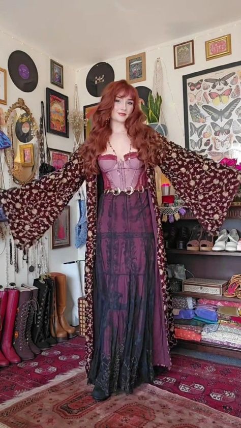 Common Fashion Mistakes That Instantly Age Your Look Colourful Witchy Outfits, Love Witch Fashion, New Age Aesthetic Outfit, 70s Witch Outfit, Metal Band Concert Outfit, Psychic Aesthetic Outfit, Pink Witchy Outfits, Purple Boho Outfit, Witch Outfits Modern