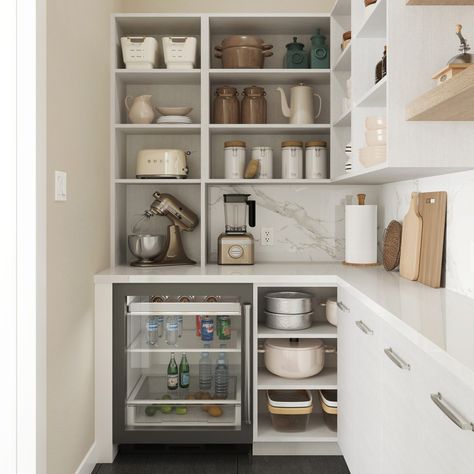 The Butler’s Pantry: A Dream Storage Solution | Canyon Creek Cabinets Small Closet Butlers Pantry, Butlers Pantry Coffee Bar, Pantry Design With Coffee Bar, Butler’s Pantry Layout, Butler's Pantry Cabinet, Butlers Pantry Wood Cabinets, Small Butlers Pantry, Butler’s Pantry Cabinets, Dark Oak Flooring