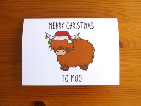 Funny Christmas Cards Diy, Christmas Cows, Cow Card, Mooey Christmas, Fluffy Cow, Highland Cow Christmas, Cute Christmas Cards, Christmas Puns, Farm Christmas