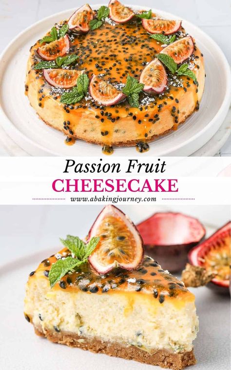 This easy baked Passion Fruit Cheesecake is deliciously light, creamy and fresh - perfect for Summer! It combines a digestive biscuit crust, passion fruit cheesecake layer and a passion fruit coulis topping. Fruit Coulis, Passion Fruit Cheesecake, Cheesecakes Recipes, Cheesecake Mixture, Passion Fruit Cake, Bake Cheese, Passionfruit Cheesecake, Biscuit Crust, Fruit Cheesecake