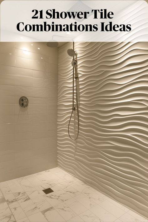 Choose tiles with sculptural elements or relief patterns for a three-dimensional effect that adds visual interest and depth to your shower walls. Shower With Accent Wall Tile, Ensuite Shower Tiles, Tile Inspo Bathroom, Textured Tile Bathroom Walls, Textured Shower Wall Tile, Modern Shower Tiles Design Ideas, Timeless Bathroom Shower Tile Ideas, Mosaic Tile Accent Wall Bathroom, Waterfall Tile Shower Design Wall