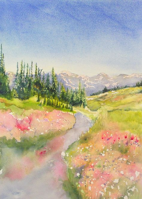 Mom's garden Cascade Mountains Learn Watercolor Painting, Watercolor Art Landscape, Watercolor Paintings For Beginners, Diy Watercolor Painting, Watercolor Projects, Cascade Mountains, Painting Workshop, Garden Painting, Watercolor Landscape Paintings