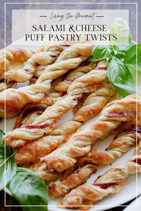 Super Easy Salami and Cheese Puff Pastry Twists - Living The Gourmet Salami Puff Pastry, Basic Pesto Recipe, Pastry Twists, Puff Pastry Recipes Savory, Puff Pastry Twists, Savory Puff Pastry, Salami And Cheese, Pastry Appetizer, Cheese Puff