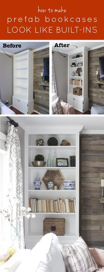 By adding inexpensive molding and anchoring the bookcases to the wall, you can achieve a high-end, built-in look with a prefabricated bookcase and save money on getting a custom one made for your home! The full how-to here: http://www.ehow.com/how_10063056_make-prefab-bookcases-look-like-builtins.html?utm_source=pinterest.com&utm_medium=referral&utm_content=freestyle&utm_campaign=fanpage Billy Ikea, Ikea Storage Cabinets, Bookcase Wall, Diy Storage Cabinets, Built In Bookcase, Furniture Layout, Bookcase Storage, Prefab Homes, Wall Storage