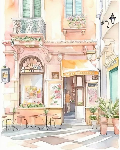 Streets Of France, French Life, Paris Illustration, French Cafe, City Painting, Cottage Art, Pastel Watercolor, Urban Sketching, Dreamy Art