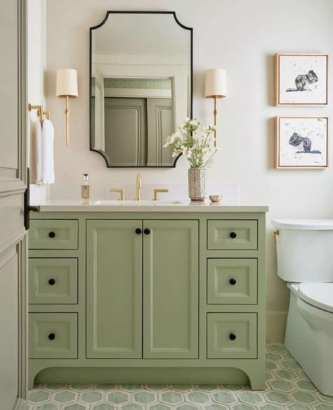 Sage Green Bathroom Vanity, Sage Green Vanity, Sage Green Bathroom, Jenny Marrs, Farmhouse Bathroom Mirrors, Green Bathroom Vanity, Green Vanity, Laundry Room Flooring, White Subway Tile Backsplash