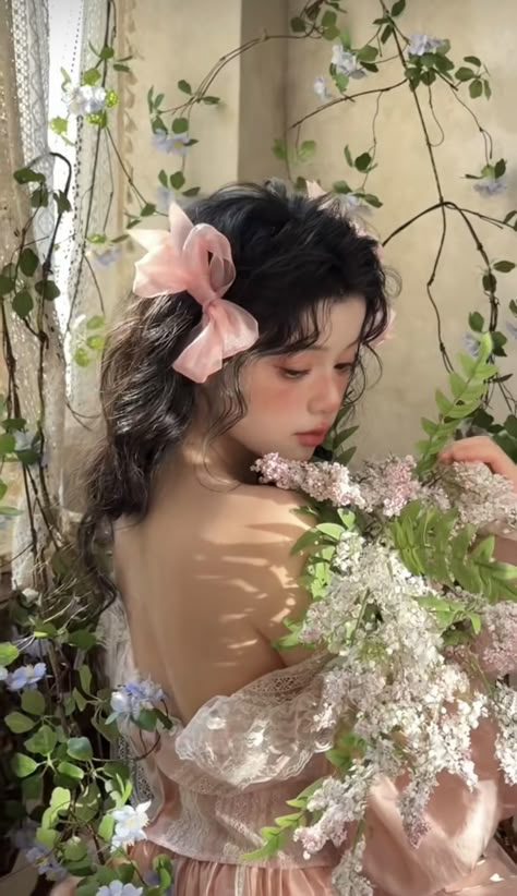 Magical Photoshoot Ideas, Dreamcore Photoshoot, Person Holding Flowers, Pose With Flowers, Soft Photography, Holding Flowers Pose, Excited Pose, Flowers Photoshoot, Fairy Cottage Aesthetic