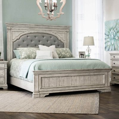 The rustic and tufted look on this traditional panel bed pairs perfectly with your farmhouse or French country-inspired home. It features a button-tufted headboard that's upholstered in polyester and stuffed with foam to give you a cushioned place to kick back and relax. Nailhead trim lines the headboard for a glam look, and crown top molding tops it off. The frame is made from a blend of solid and engineered wood in a natural wood grain finish, and the footboard is accented with detailed moldin Heavy Crown, Classical Bedroom, Steve Silver Furniture, Queen Panel Beds, Upholstered Panel Bed, Bedroom Panel, Upholstered Panels, Panel Headboard, Bedroom Collection