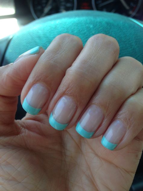 Pretty Short Nails Gel Blue, Tiffany Blue French Tip Nails, Teal Tip Nails, Turquoise French Tip Nails, Birthday Nails Blue, Nails Blue French, Acrylics Ideas, Blue French Manicure, Tiffany Blue Nails