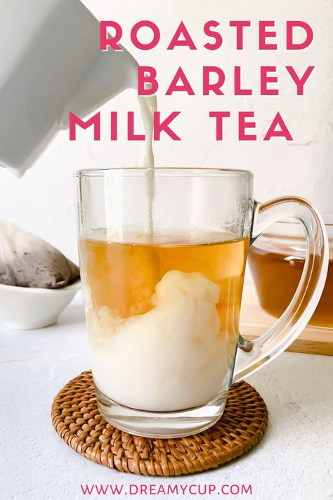 Glass mug with barley tea and milk Milk Tea Recipe, Barley Tea, Autumn Drinks, Barley Grain, Milk Tea Recipes, Tea At Home, Coffee Alternative, Cozy Evening, Tea Tasting