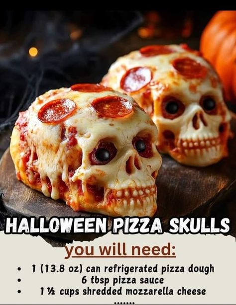 fall time lovers | Halloween Pizza Skulls 💀🍕   | Facebook Pizza Skulls, Spooky Pizza, Vegetarian Roast, Halloween Pizza, Refrigerated Pizza Dough, Snack Easy, Halloween Breakfast, Bbq Chicken Breast, Spooky Snacks