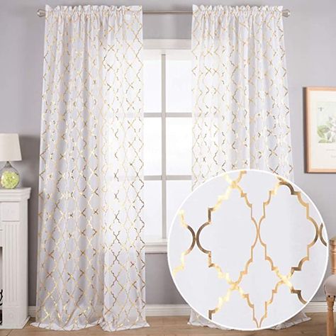 Amazon.com: Kotile White Sheer Curtains 96 Inch Length - Gold White Sheer Curtains Metallic Gold Moroccan Curtains for Bedroom Rod Pocket Quatrefoil Pattern Window Curtains 2 Panels, 52 x 96 Inch: Home & Kitchen White Bedroom Curtains, Gold And White Bedroom, 96 Inch Curtains, Moroccan Curtains, Dreamy Decor, Pattern Draping, White Sheer Curtains, Lounge Ideas, Curtains For Bedroom