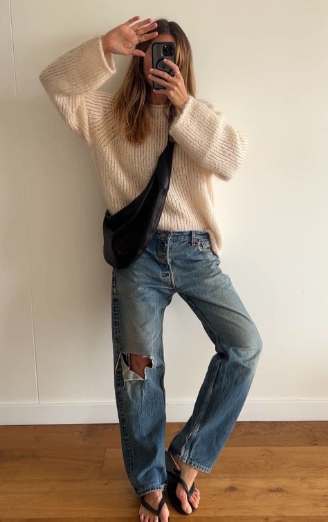 Angie Smith Style, Long Jumper Dress, Angie Smith, Mohair Jumpers, Denim Jumper Dress, Cream Trousers, Denim Jumper, Summer Black Dress, Black And White Shirt