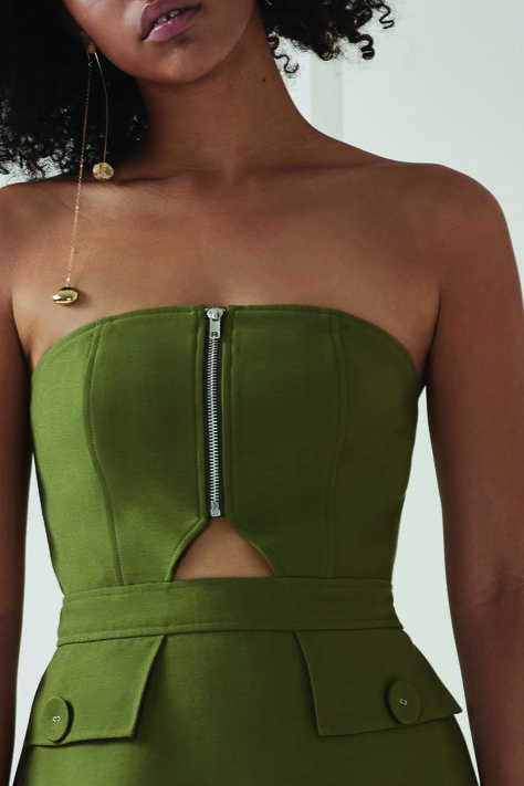 'No Limit Bustier Dress' :: Pine : http://bit.ly/1QdSMmT Bustier Dress Casual, Luxury Bustier Dress With Boning, Luxury Elegant Bustier Mini Dress, Green Bustier Top, Luxury Silk Bustier Dress, Bustier Back Detail, One Piece Gown, Fashion Design Classes, Casual Luxe