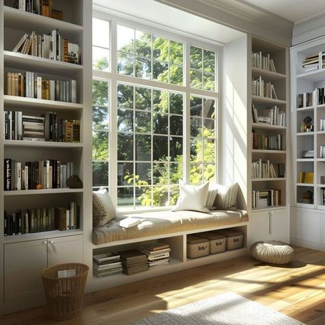 Explore 30 window seat ideas for any room, perfect for adding comfort and charm to your home. Library With Window Bench, Book Shelves Window Seat, Library Window Treatments, Built In Wall Shelves Around Window, Built In Bookshelves Under Windows, Library Wall With Window, Home Library Window Seat, Built Ins Next To Window, Library Around Window