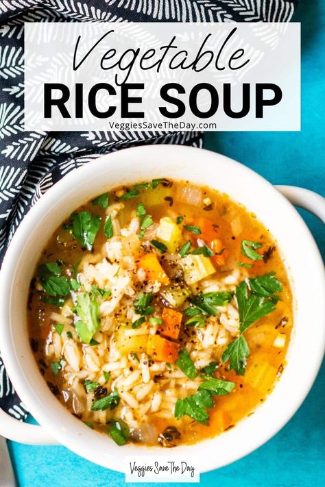 Carrot Rice Soup, Vegetable Rice Soup Crockpot, Simple Vegetarian Soup Recipes, Vegetarian Soup With Rice, Veggie Soup With Rice, Vegetable And Rice Soup, Plant Based Vegetable Soup, Vegan Rice Soup, Vegetable Soup No Meat