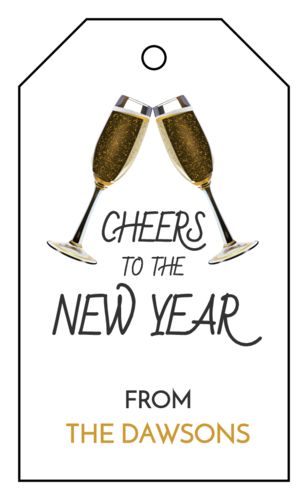 Welcome in the new year with this printable gift tag template. Perfect for printing on cardstock tags and stringing around presents. Design features two champagne glasses clinking and "Cheers to the New Year" text. Champagne Glasses Clinking, Cheers To 80 Years, Glasses Clinking, New Year Champagne, Cheers To The New Year, New Year Text, Gift Tag Template, Ring In The New Year, Gift Labels