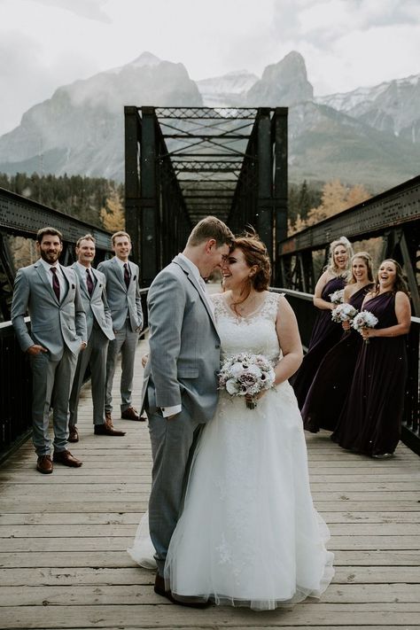 Wedding Group Poses, Bridge Wedding Photos, Theater Wedding, Wedding Group Photos, Bridge Wedding, Canmore Wedding, Wedding Party Poses, Bride And Groom Silhouette, Fall Barn Wedding