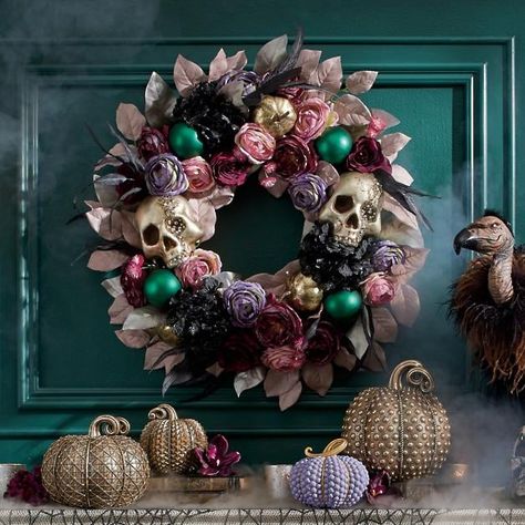 Gothic Glam Wreath Mark Roberts Witches, Glam Wreath, Grandin Road Halloween, Halloween Mantel Decor, Antique Phone, Black Cat Silhouette, Fabric Feathers, Gothic Glam, Goth Glam