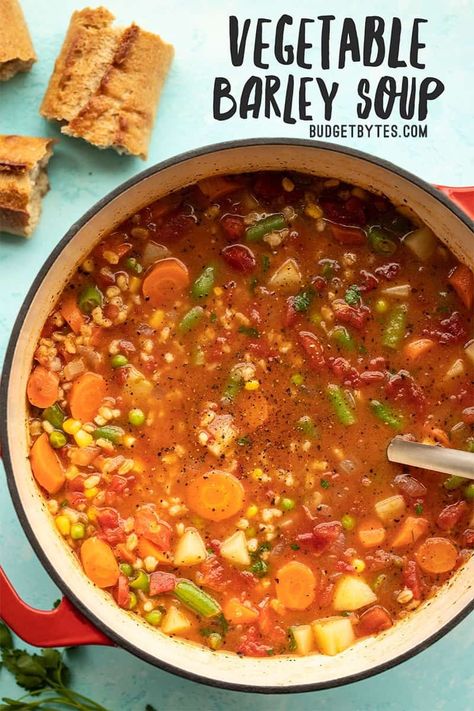 Loaded with colorful vegetables and filling pearled barley, this Vegetable Barley Soup is a healthy, freezer-friendly staple recipe for winter! Pearled Barley, Vegan Budget, Barley Soup Recipe, Vegetable Barley Soup, Barley Recipe, Budget Bytes, Cabbage Soup Diet, Soup Vegan, Barley Soup