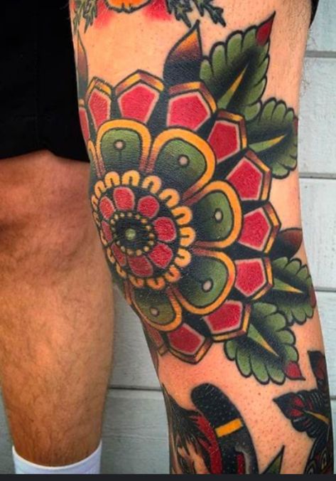 American Traditional Under Knee Tattoo, Traditional Tattoos Around Knee, Kneecap Tattoo American Traditional, Traditional Mandala Knee Tattoo, Knee Tattoo American Traditional, Traditional Knee Cap Tattoo, Knee Cap Tattoo, Cap Tattoo, Knee Cap