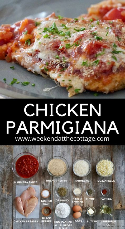 Breaded chicken  cutlet, pan fried to make it crispy and then baked in tomato sauce and cheese until melted. Western Dinner Ideas, Chicken Parmigiana Recipe, Parmigiana Recipe, Cottage Recipes, Buttered Vegetables, Chicken Parmigiana, Chicken Parm, Cottage Life, Air Fryers