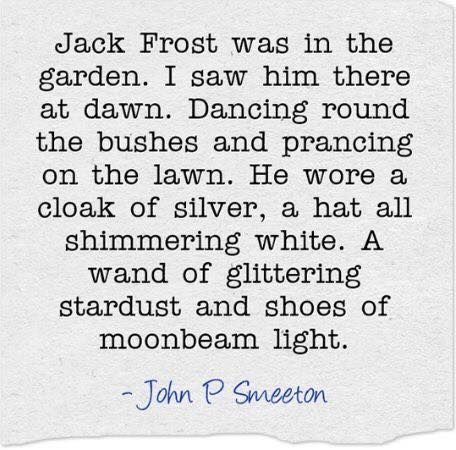 Jack Frost was in the garden. I saw him there at dawn. Dancing round the bushes & prancing on the lawn. He wore a cloak of silver, a hat all shimmering white. A wand of glittering stardust & shoes of moonbeam light -John P Smeeton Ideas For Garden, Childrens Poetry, Winter Quotes, Garden Quotes, Albert Camus, Poem Quotes, Jack Frost, Winter Garden, Cloak