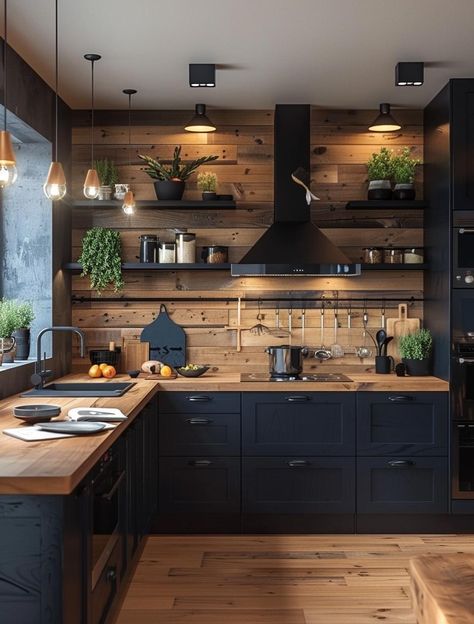 Kitchen Ideas Dark Walls, Dark Cabinets With Wood Countertops, Modern Kitchen With Wood Countertops, Black Tiny Kitchen, Dark Wood Kitchen Aesthetic, Kitchen Black Cabinets Wood Counter, Black Green Wood Kitchen, Black Kitchen With Wood Countertop, Black Cabinet Butcher Block Counter