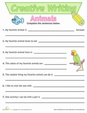 What is your favorite animal? Answer this question and many more in this creative writing worksheet! First graders can practice writing sentences by filling in the blanks.  For more sentence writing fun, click here. #educationdotcom Practice Writing Sentences, Creative Writing Topics, Sentence Worksheet, Creative Writing Worksheets, English Creative Writing, Animal Writing, Writing Sentences, Creative Writing Activities, Creative Writing Ideas