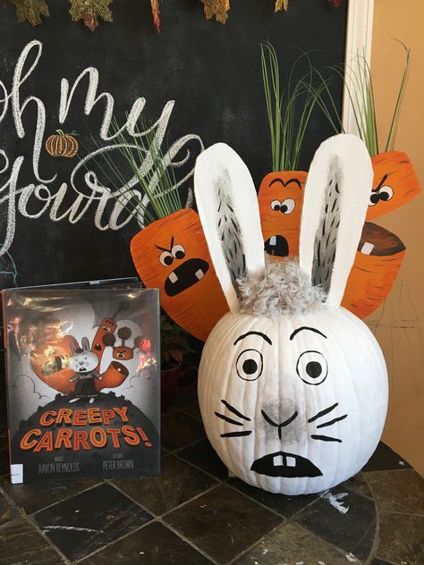 Jasper Rabbit Creepy Carrots book character painted pumpkin Jasper Rabbit Pumpkin, Painted Pumpkin Ideas Based On Books, Literary Character Pumpkins, Class Pumpkin Painting Ideas, Painted Pumpkin Ideas Book Character, Creepy Carrots Pumpkin Decorating, Pumpkin From A Book, Jasper Rabbit Creepy Carrots Costume, Rabbit Pumpkin Decorating