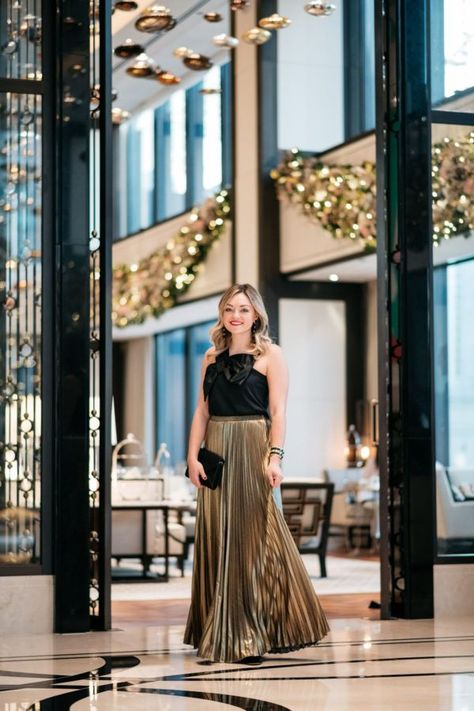 Bow Top & Gold Maxi Skirt | bows & sequins Black And Gold Outfit, Gold Pleated Skirt, Accordion Skirt, Social Calendar, Ladies Jewellery, Gold Skirt, Long Skirt Outfits, Black Gold Jewelry, Gold Outfit