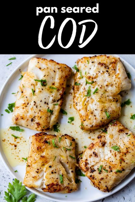 Enjoy this 15-minute Pan-Seared Cod recipe for easy yet elegant weeknight meals! Crispy, golden, and tender cod filets are finished with a divine garlic butter sauce, delivering restaurant-quality results without the fuss. Skillet Cod Recipes, Cod Filets, Cod Fish Recipes Easy, Cod Loins Recipes, Pan Fried Cod Recipes, Pan Seared Cod, Cod Filet Recipes, Cod Loin Recipes, Cod Fillet Recipes