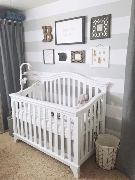 Painting stripes on your wall is so 2012. Try vinyl wall stripes by @wallsneedlove! Their Easy Stripe product takes the "pain" out of painting. Small Nursery Design, Nursery Layout, Small Baby Room, Small Space Nursery, White Crib, Kursi Bar, Small Nurseries, Striped Walls, Baby Boy Room Nursery