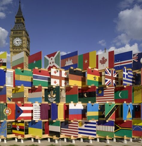 ‘House of Flags’ Installation / AY Architects Different Country Flags, Big Ben Art, Big Ben Clock, Street Installation, Flag Display, Church Stage Design, Church Stage, London House, Inclusive Design