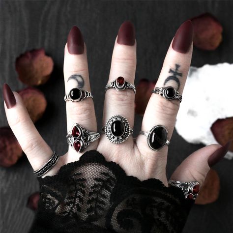 Styl Goth, Ring Combo, Mid Rings, Goth Ring, Dark Rings, Rock Rings, Dark Jewelry, Onyx Crystal, Wiccan Jewelry