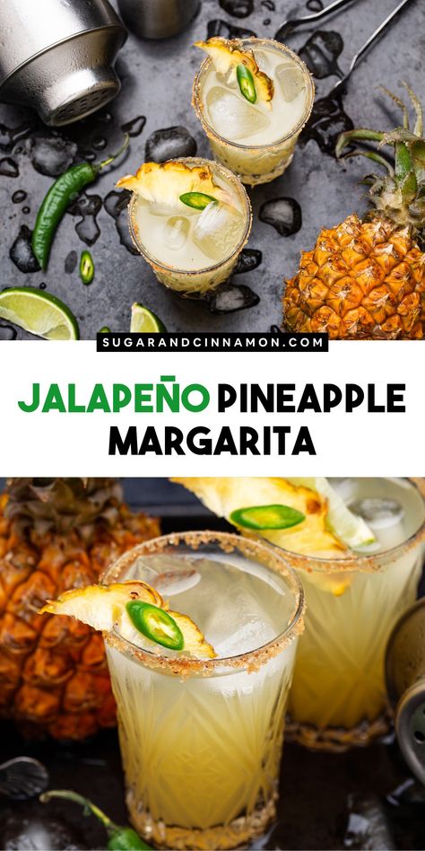 Jalapeño Pineapple Margarita Grilled Pineapple Margarita, Pineapple Jalapeno Margarita, Jalapeño Pineapple, Fall Cocktails Easy, Pineapple Cocktails, Pineapple Margaritas, Pineapple Margarita Recipe, Spicy Margarita Recipe, Flavored Margaritas