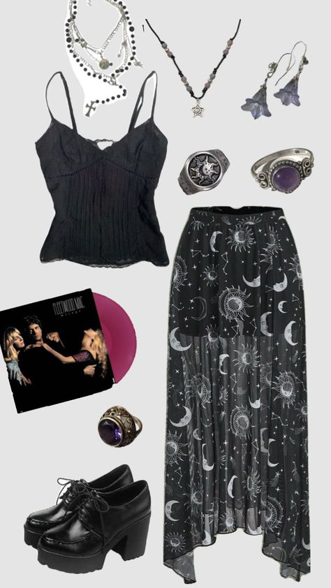 Whimsigoth outfit #outfitinspo #vintage #whimsigoth #whimsical Different Goth Styles, Purple Hair Outfit, Witchcore Aesthetic Outfits, Nature Inspired Outfits, Witchy Collage, Earth Goth, Outfits Whimsigoth, Modern Witch Outfit, Whimsigoth Fashion