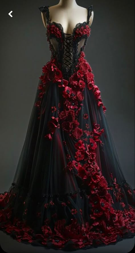 Blood Red Wedding Dress, Black And Red Dress Formal, Black Dress With Red Roses, Red And Black Dresses, Witch Dresses, Red And White Wedding Dress, Red Masquerade Dress, Vintage Gothic Wedding Dress, Persephone Dress