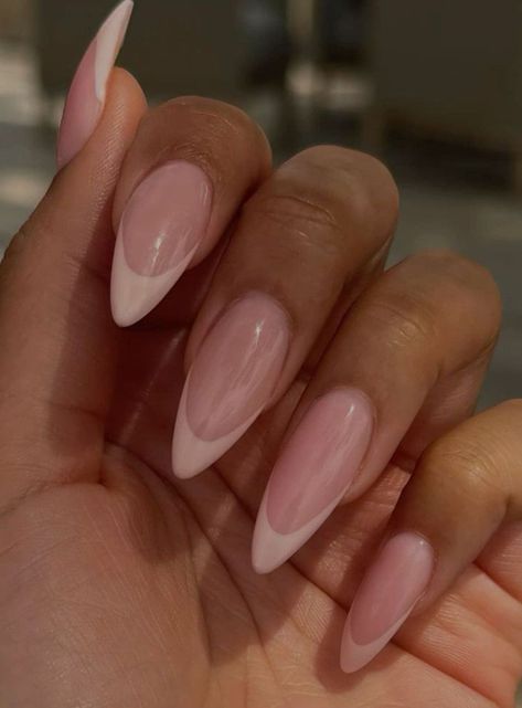 Almond Nails For Beach, French Tip Light Pink Nails, Pink And White Medium Nails, Pink French Tip Nails Almond With Heart, Arched French Tip Nails, U French Tip Nails, Deep U French Nails, Birthday Nails Simple Almond, Soft Girl Almond Nails