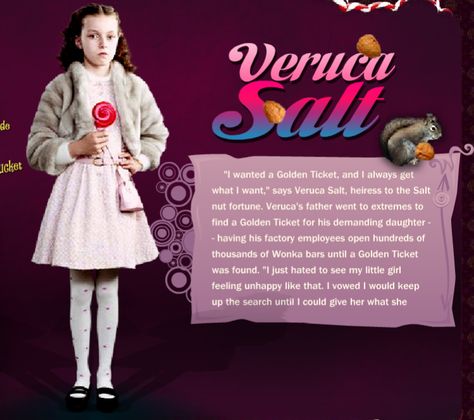 Veruca Salt | Roald Dahl Wiki | Fandom Charlie And The Chocolate Factory Veruca, Rohl Dahl, Veruca Salt Willy Wonka, Veruca Salt Costume, Wonka Edits, Roald Dahl Costumes, Willy Wonka Factory, Charlie Chocolate Factory, Book Character Day