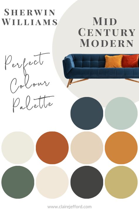 Farrow And Ball Mid Century Modern, Behr Mid Century Modern Colors, Blue Bedroom Mid Century Modern, Mid Century Modern Colour Scheme, Mcm Industrial Living Rooms, Mid Century Color Palette Paint Colours, Mid Century Colour Scheme, Mid Century Modern Kitchen Paint Colors, Benjamin Moore Mid Century Modern Paint