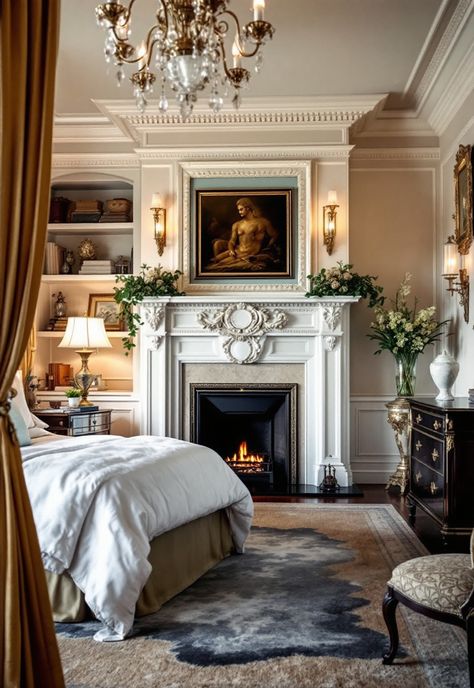 Bedroom with Fireplace Glamorous Fireplace, Bedroom With Fireplace Ideas, Bedrooms With Fireplaces, Urban Chic Bedrooms, Ornate Bedroom, Bedroom With Fireplace, City Bedroom, Beach Themed Bedroom, Winter Retreat