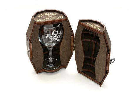 This Personalized Wine Glass in a Wooden Barrel and coaster, are laser engraved with your Bridesmaid or wedding names, roles and wedding date. Makes a great custom Bridesmaid gift that they'll be sure to use over the years. This personalized set is a good idea for wedding gift to Bridesmaid, Maid of Honor, Bride, Mother of the Bride, and others. It's also a good option as a bridal shower party gift and bridesmaid proposal. Wine Boxes, Customized Bridesmaid Gifts, Wooden Wine Boxes, Maid Of Honor Gift, Personalized Wine Glass, Gift Wine, College Work, Proposal Box, Wooden Barrel