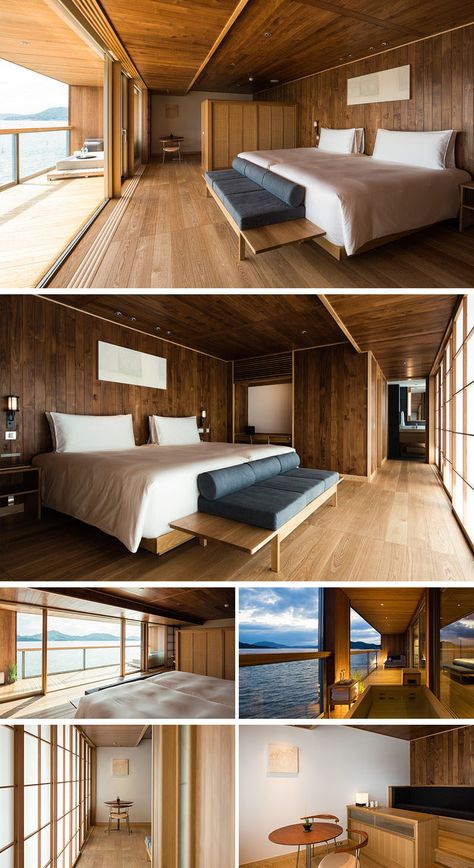 This modern hotel room has wood paneling as well as wood flooring, while most of the furniture is also made from wood. #ModernHotelRoom #FloatingHotel #Japan #Wood Gray Bathroom Walls, Modern Hotel Room, Floating Hotel, Japanese Home Design, Hotel Room Design, Pool Villa, Architecture Concept, Hotel Interior Design, Hotel Interiors