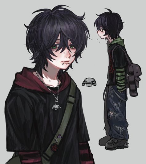 Emo Character Art, Masc Art Reference, Boy With Black Hair And Green Eyes, Male Couple Drawing, How To Style Emo Hair, Hair Ideas Drawing Boy, Nerd Boy Drawing, Boy Oc Character Design, Emo Oc Drawing