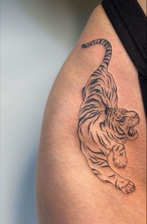 Tiger Thigh Tat, Hip Tattoo Tiger, Tiger On Hip Tattoo, Tiger Tattoo On Hip, Thigh Tattoos Women Animal, Thigh Tiger Tattoo, Tiger Tattoo Leg, Tiger Tattoo On Thigh, Tiger Hip Tattoo